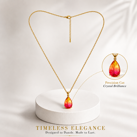 Golden Teardrop Crystal Pendant Necklace – Elegant Gold-Plated Charm