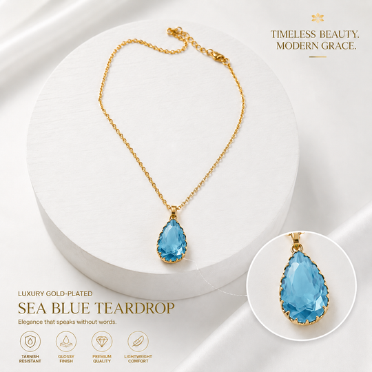 Sea Blue Teardrop Golden Pendant Necklace