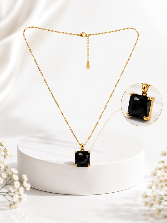 Elegant Black Princess-Cut Crystal Golden Pendant Necklace