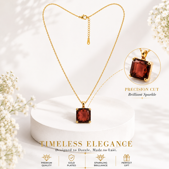 Ruby Red Crystal Golden Pendant Necklace – Classic Elegance