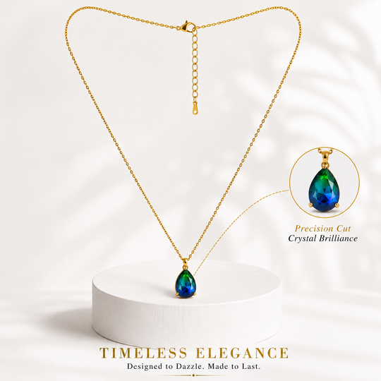 Blue & Green Teardrop Crystal Pendant Necklace – Elegant Statement Jewelry